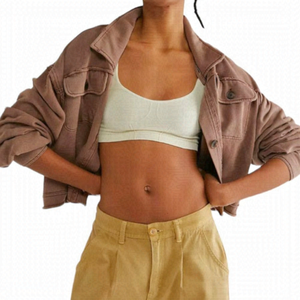 FREE People Saturday Shacket Cropped Button Up Collared Brown Small